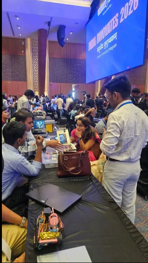 Team presenting electronics and a laptop demonstration at India Innovates 2026 in Delhi