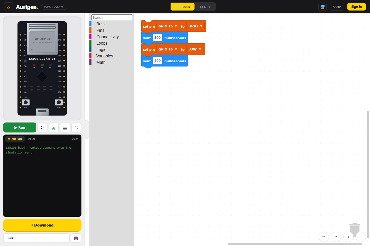 The live Aurigen block editor with its ESP32 simulator