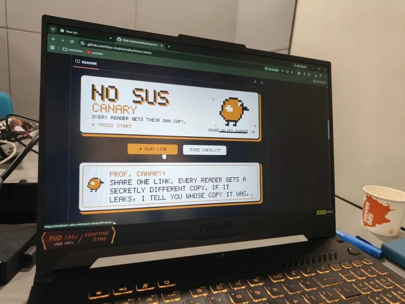 Laptop showing the NO SUS Canary project during its Monad Blitz demonstration