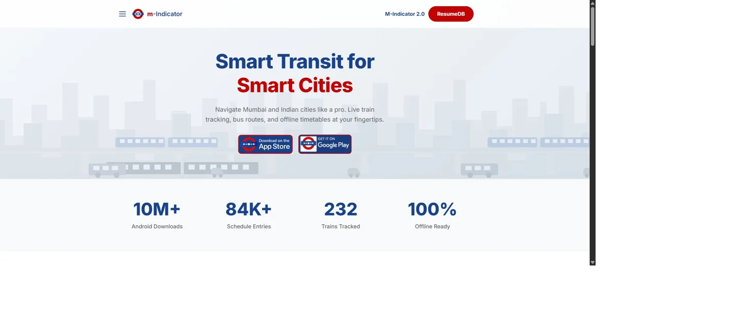 M-Indicator 2.0 website concept with a blue commuter skyline