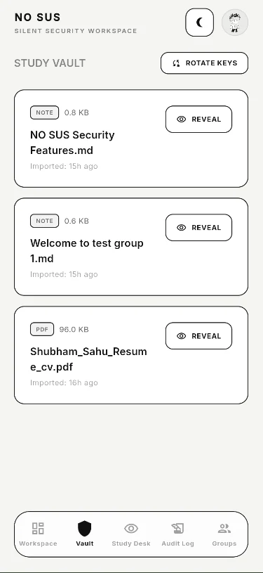 An existing NO SUS Android app capture showing the Study Vault