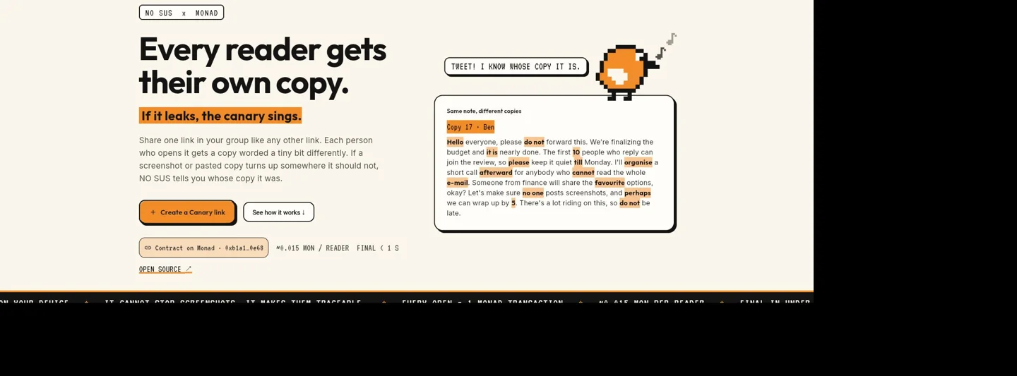Actual NO SUS Canary app after Play Canary, showing its reader-specific copy workflow