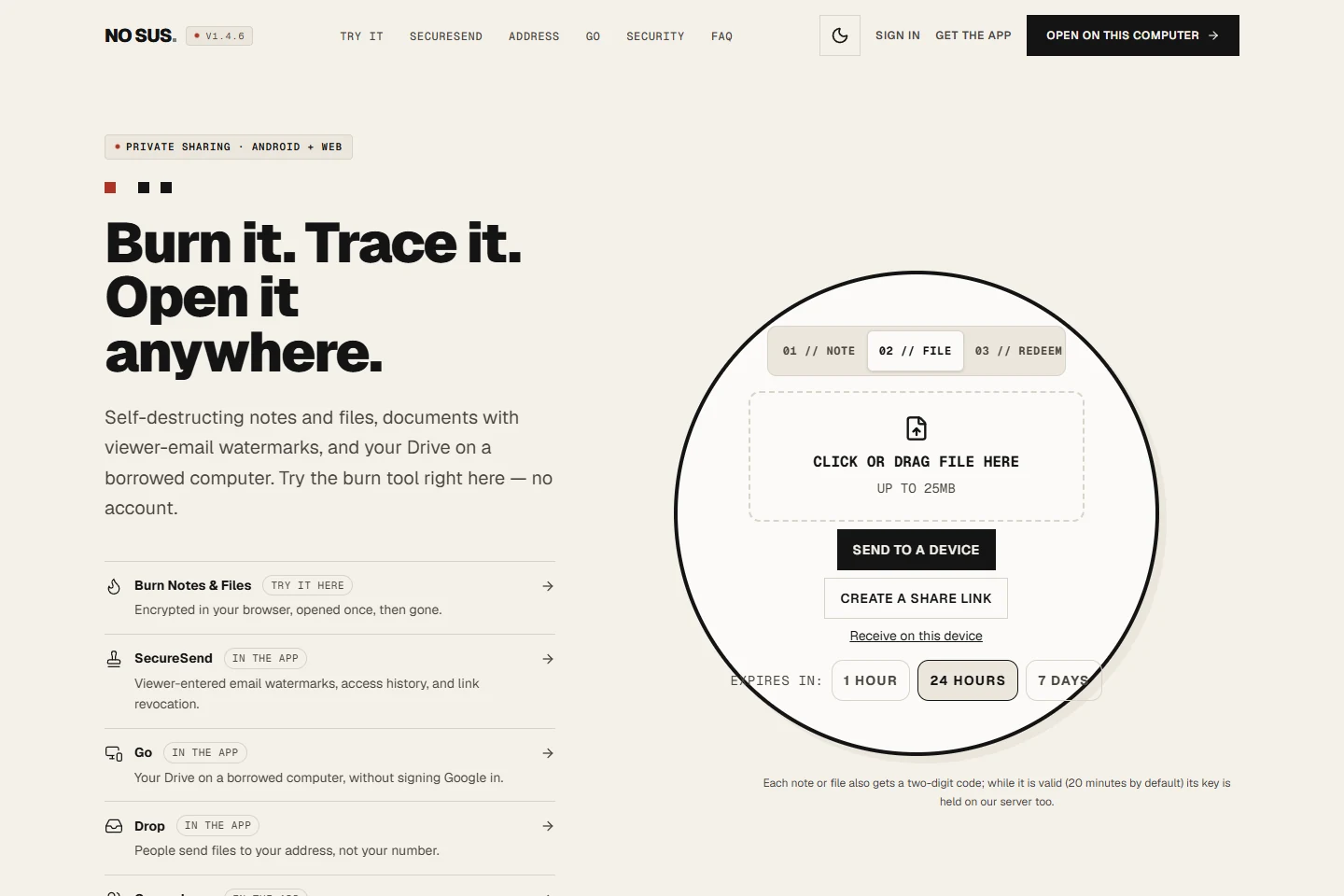 The live NO SUS website and its browser-based burn tool